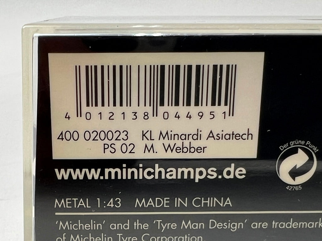 1:43 MINICHAMPS 400020023 KL Minardi Asiatec PS02 2002 #23 M.Webber model car