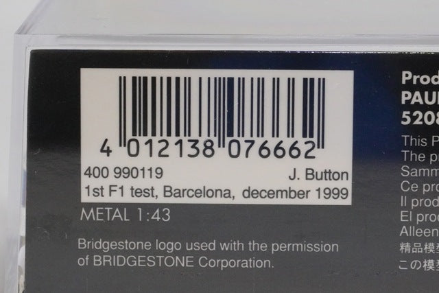 1:43 MINICHAMPS 400990119 Prost Peugeot AP02 F1 Barcelona 1999 J.Button model car