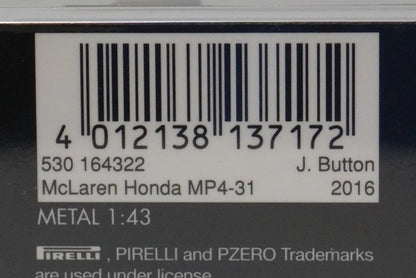 1:43 MINICHAMPS 530164322 McLaren Honda MP4-31 2016 #22 model car