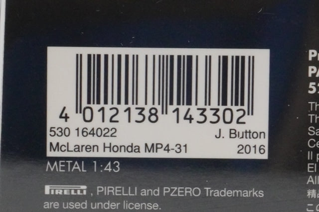 1:43 MINICHAMPS 530164022 McLaren Honda MP4-31 2016 #22 model car