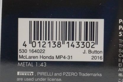 1:43 MINICHAMPS 530164022 McLaren Honda MP4-31 2016 #22 model car