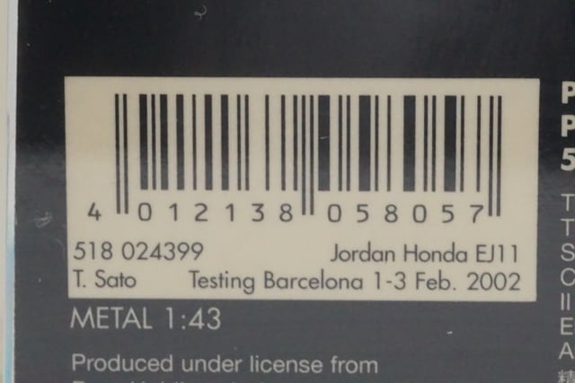 1:43 MINICHAMPS 518024399 Jordan Honda EJ11 Barcelona Test 2002 model car
