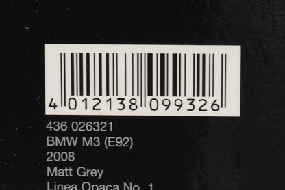 1:43 MINICHAMPS 436026321 BMW M3 (E92) 2008 Matte Grey model car