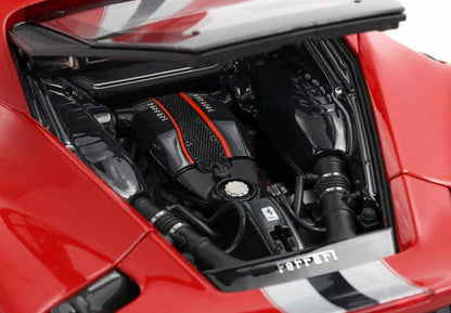 [ Pre-order ] HE180055DIE BBR 1:18 Ferrari 488 Pista (Full-Opening) – Rosso Corsa with Argento Nurburgring & Blu America Stripes – LUXURY PACK (Includes clear display case)