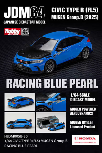[ Pre-order ] HJDM005B-30 JDM64 1:64 Honda Civic Type R (FL5) MUGEN Group.B (2025) Racing Blue Pearl