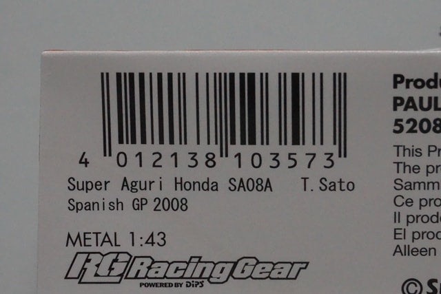 1:43 MINICHAMPS Racing Gear Super Aguri Honda SA08A Spanish GP 2008 #18 Takuma Sato