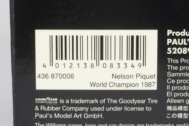 1:43 MINICHAMPS 436870006 Williams Honda FW11B World Champion 1987 #6 N.Pique model car
