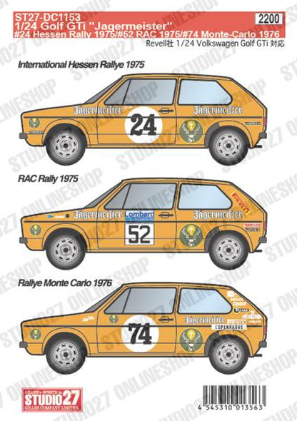 [ Back-order ] STUDIO27 DC1153 1:24 Golf GTi "Jagermeister" #24 Hessen Rally 1975/#52 RAC 1975/#74 Monte-Carlo 1976 forRevell07005/07072 [Original Decals]