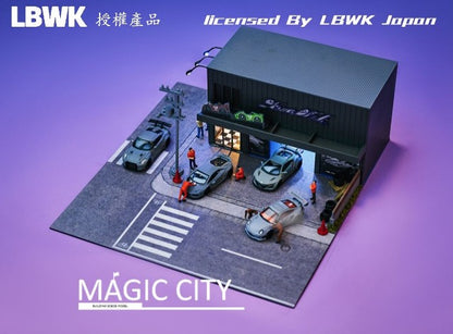 110035 Magic City 1:64 [30x40x17cm] LB LBWK Diorama Garage with LED lights *Figures and minicars are not included.