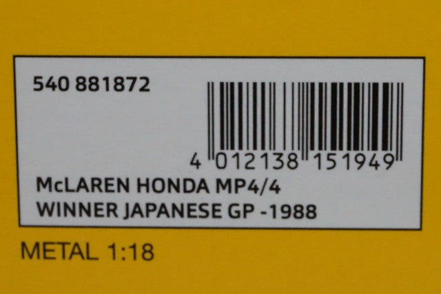 1:18 MINICHAMPS 540881872 McLaren Honda MP4/4 Japan GP Winner 1988