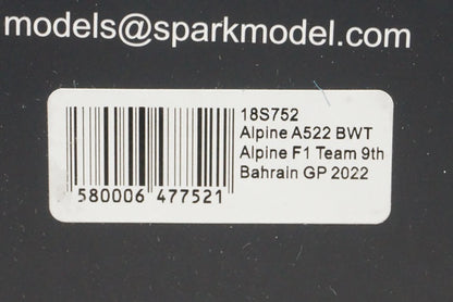 1:18 SPARK 18S752 Alpine A522 BWT F1 Team Bahrain GP 2022 #14