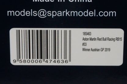 1:18 SPARK 18S463 Aston Martin Red Bull RB15 Austrian GP 2019 #33 M.Verstappen