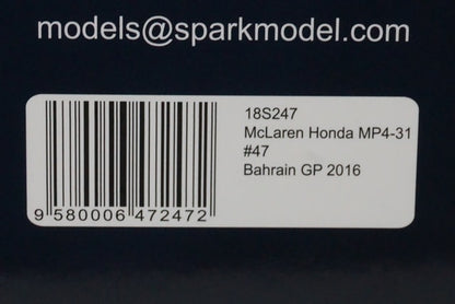 1:18 SPARK 18S247 McLaren Honda MP4-31 Bahrain GP 2016 #47 Stoffel Vandoorne