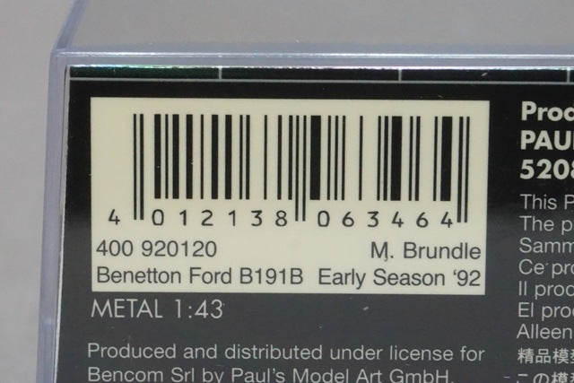 1:43 MINICHAMPS 400920120 Benetton Ford B191B First half 1992 #20 M. Brundle