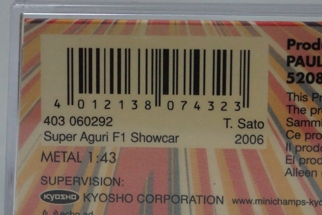 1:43 MINICHAMPS 403060292 KYOSHO Custom Honda Super Aguri F1 Show Car 2006 #22 Takuma Sato