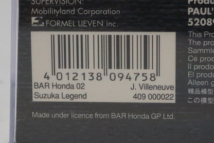 1:43 MINICHAMPS 409000022 Suzuka Circuit Custom BAR Honda 02 #22 model car