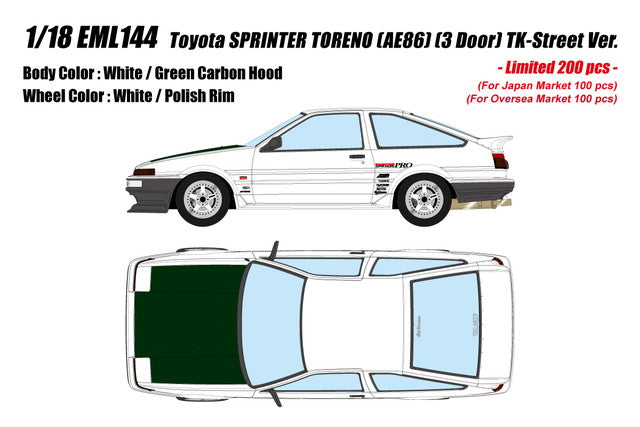 [ Pre-order ] EML144 Make Up EIDOLON 1:18 Toyota Sprinter Trueno (AE86) (3-Door) Tk-Street Ver. White (Green Carbon Fiber Hood)