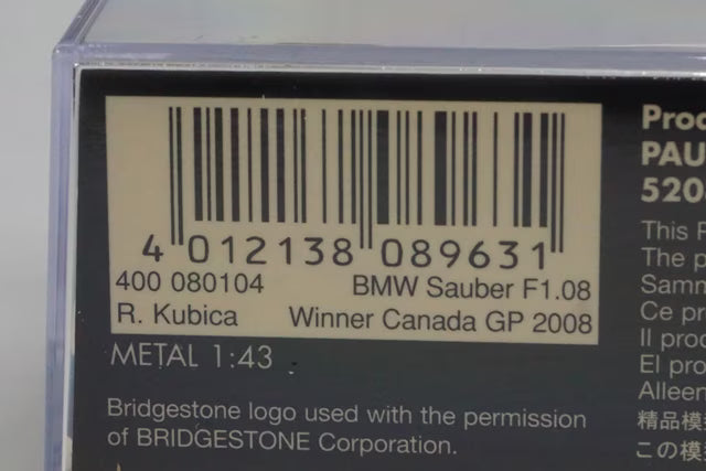 1:43 MINICHAMPS 400080104 BMW Sauber F1.08 Winner, Canadian Grand Prix 2008 #4 R. Kubica