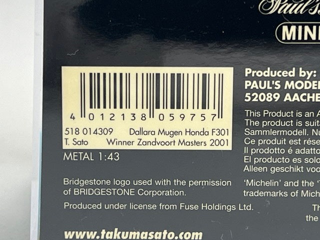 1:43 MINICHAMPS 518014309 Dallara Mugen-Honda F301 Zandvoort Masters Takuma Sato 2001 #4