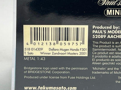 1:43 MINICHAMPS 518014309 Dallara Mugen-Honda F301 Zandvoort Masters Takuma Sato 2001 #4