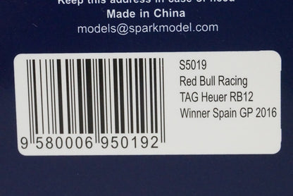 1:43 SPARK S5019 Red Bull Racing TAG Heuer RB12 Spanish GP Winner M.Verstappen 2016 #33