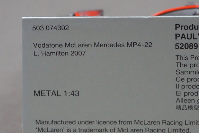 1:43 MINICHAMPS 503074302 Vodafone McLaren Mercedes MP4-22 2007 L.Hamilton #2