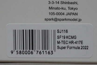 1:43 SPARK SJ116 Kids com KCMG CAYMAN SF19 TRD 01F Super Formula 2022 #7 K.Kobayashi