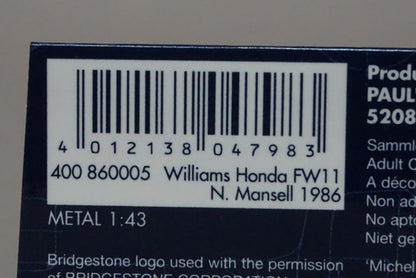 1:43 MINICHAMPS 400860005 Williams Honda FW11 1986 #5 N.Mansell model car