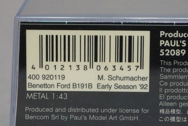 1:43 MINICHAMPS 400920119 Benetton Ford B191B First Half 1992 #19 M. Schumacher