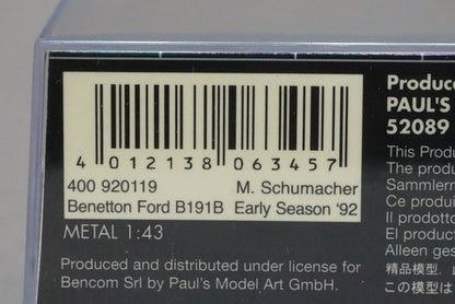 1:43 MINICHAMPS 400920119 Benetton Ford B191B First Half 1992 #19 M. Schumacher