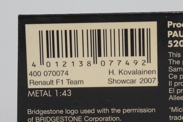 1:43 MINICHAMPS 400070074 Renault F1 Team Show Car 2007 #4 H. Kovalainen model car