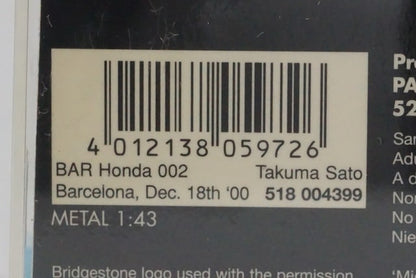 1:43 MINICHAMPS 518004399 BAR Honda 002 Barcelona 2000 Takuma Sato model car