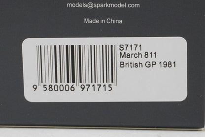 1:43 SPARK S7171 March 811 British GP 1981 #17 D.Daly model car