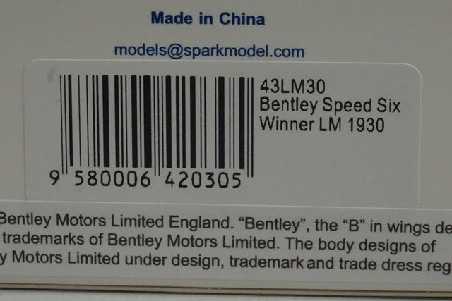 1:43 SPARK 43LM30 Bentley Speed Six Le Mans 1930 #4 model car