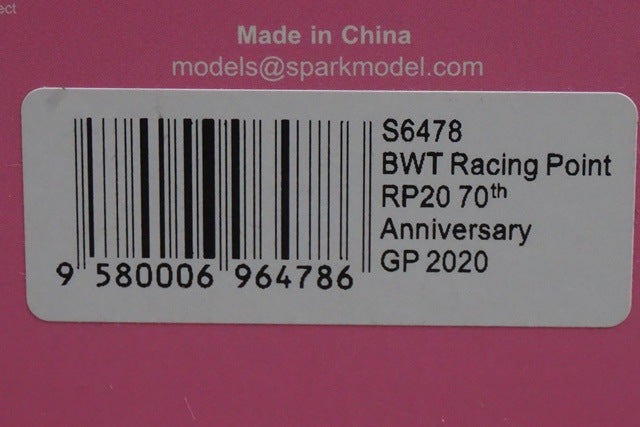 1:43 Spark S6478 BWT Racing Point RP20 70th Anniversary GP 2020 #27 N. Hulkenberg model car