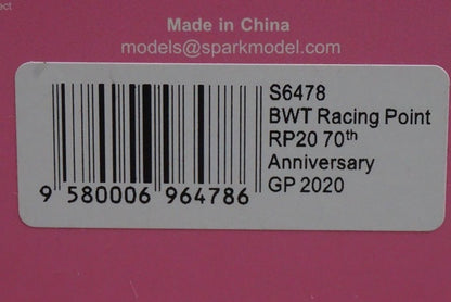 1:43 Spark S6478 BWT Racing Point RP20 70th Anniversary GP 2020 #27 N. Hulkenberg model car