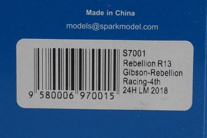 1:43 Spark S7001 Rebellion R13 Gibson Rebellion Racing Le Mans 24H 4th 2018 #1 model car