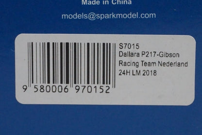 1:43 Spark S7015 Dallara P217 Gibson Racing Team Netherlands Le Mans 24H 2018 #29 model car