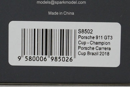 1:43 SPARK S8502 Porsche 911 GT3 Carrera Cup Brazil Champion 2018 #8 model car