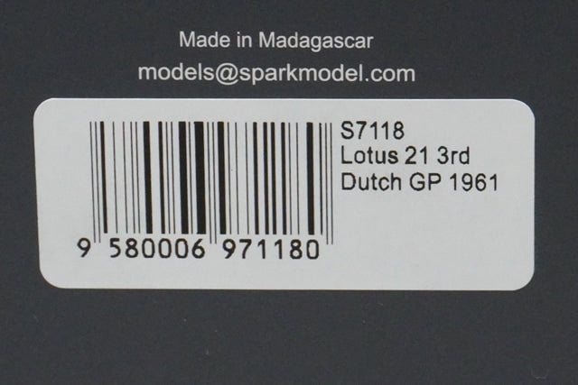 1:43 SPARK S7118 Lotus 21 Dutch GP 3rd place 1961 #15 J. Clark model car