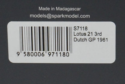 1:43 SPARK S7118 Lotus 21 Dutch GP 3rd place 1961 #15 J. Clark model car