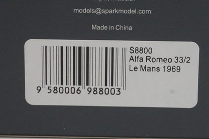 1:43 SPARK S8800 Alfa Romeo 33/2 Le Mans 1969 #36 G. Gosselin C. Bourgoigner model car