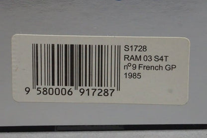 1:43 SPARK S1728 RAM 03 SAT French GP 1985 #9 M. Winkelhock model car