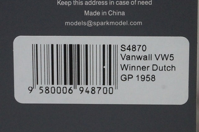 1:43 SPARK S4870 Vanwall VW5 Dutch Grand Prix Winner 1958 #1 S. Moss model car