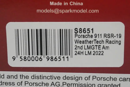 1:43 Spark S8651 Porsche 911 RSR 19 WeatherTech Racing LMGTE Am Le Mans 24H 2nd 2022 #79