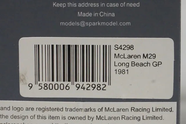 1:43 Spark S4298 McLaren M29 Long Beach GP 1981 #8 A. de Cesaris Marlboro specification