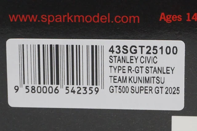 1:43 Spark 43SGT25100 Stanley Civic Type R-GT Team Kunimitsu GT500 Super GT 2025 #100 Naoki Yamamoto / Tadasuke Makino