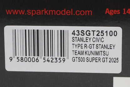 1:43 Spark 43SGT25100 Stanley Civic Type R-GT Team Kunimitsu GT500 Super GT 2025 #100 Naoki Yamamoto / Tadasuke Makino