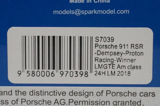 1:43 Spark S7039 Porsche 911 RSR Dempsey Proton Racing LMGTE Am class Le Mans 24 Hours Winner 2018 #77