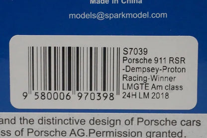 1:43 Spark S7039 Porsche 911 RSR Dempsey Proton Racing LMGTE Am class Le Mans 24 Hours Winner 2018 #77